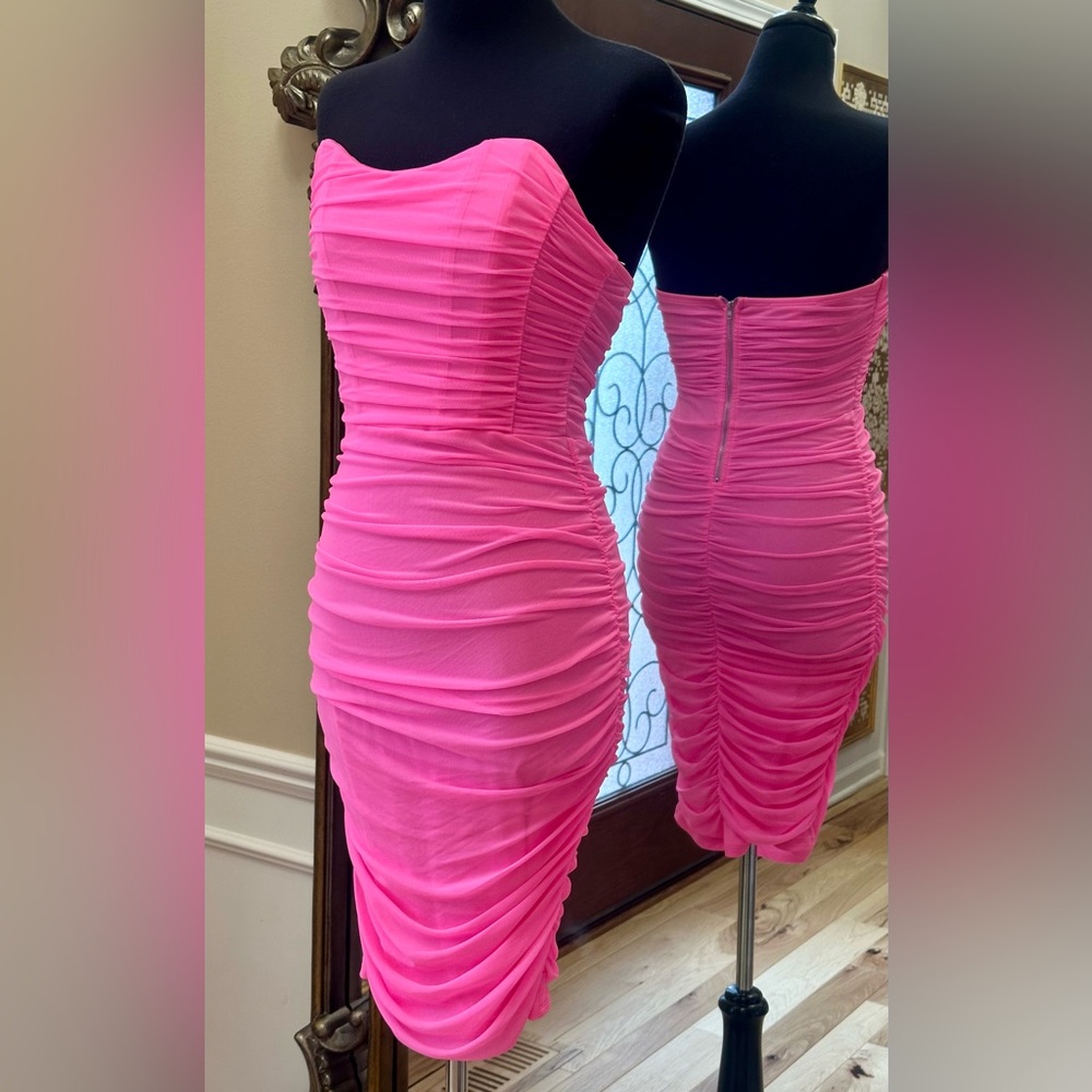 Haute Monde Neon Pink Ruched Strapless Mini Dress New no Tag - Picture 4 of 12